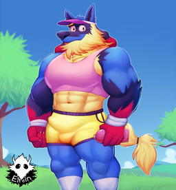 abs accessory anthro barazoku beard big_muscles blue_body blue_fur bottle bottomwear bulge butt claws clothed clothing container crop_top detailed_background detailed_bulge facial_hair fist fluffy fluffy_tail footwear fur furgonomics genital_outline hat headgear headwear holding_bottle holding_container holding_object looking_at_viewer male mature_anthro mature_male multicolored_body multicolored_fur muscular muscular_anthro muscular_male navel outside penis_outline pink_clothing plant pointy_ears prick_ears red_body red_fur shirt shorts sky socks solo standing tail tail_accessory tailband tight_clothing topwear tree visor_cap wristband yellow_body yellow_clothing yellow_fur elfein nintendo pokemon dan_(elfein) generation_6_pokemon mega_evolution mega_lucario pokemon_(species) 2018 digital_media_(artwork) hi_res