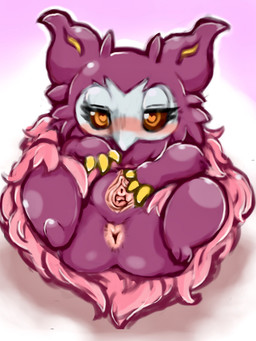 anthro anus biped blush butt claws female front_view fur genitals heart_pupils heart_symbol leaning leaning_backward looking_at_viewer lying on_back orange_eyes pink_body pink_fur plantigrade presenting presenting_anus presenting_hindquarters presenting_vulva purple_background purple_body simple_background solo spread_vulva spreading vulva white_background white_face yellow_claws diru nintendo pokemon aromatisse generation_6_pokemon pokemon_(species) 2021 3:4 digital_drawing_(artwork) digital_media_(artwork) hi_res