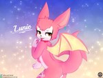 ambiguous_gender anthro bat_wings blush collar colorful_background ear_piercing ear_ring membrane_(anatomy) membranous_wings piercing ring_piercing solo standing text tongue tongue_out wings senz dust:_an_elysian_tail lune_(lunesnowtail) bat mammal nimbat absurd_res colorful_theme hi_res url