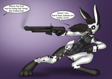 abs action_pose andromorph anthro asking asking_another asking_where athletic athletic_andromorph athletic_intersex black_body black_hair bow_(feature) bow_in_front bow_tie bunny_costume clothed clothing costume cuffs_(clothing) dialogue digitigrade eyebrows fangs gun hair holding_gun holding_object holding_ranged_weapon holding_weapon intersex long_hair multicolored_body offscreen_character open_mouth pose profanity question ranged_weapon red_eyes short_tail simple_background solo species_in_dialogue species_name_variant speech_bubble tail talking_to_another teeth text tight_clothing tongue two_tone_body weapon white_body yes-no_question danaume lagomorph leporid mammal rabbit vampire english_text