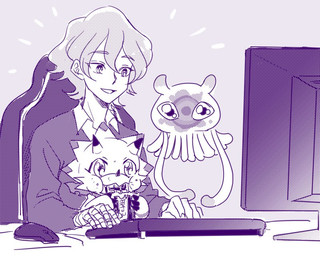 ambiguous_gender anthro candy chocolate computer dessert eating electronics female food group keyboard looking_at_object male trio haraboudgg bandai_namco digimon digimon_ghost_game gammamon_(ghost_game) jellymon_(ghost_game) kiyoshiro_higashimitarai digimon_(species) gammamon human jellymon mammal 5:4 monochrome