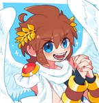 5_fingers blush brown_hair clothing feathered_wings feathers fingers hair light_body light_skin looking_at_viewer male not_furry open_mouth open_smile simple_background smile solo wings butanchu0426 kid_icarus nintendo pit_(kid_icarus) angel humanoid winged_humanoid absurd_res hi_res