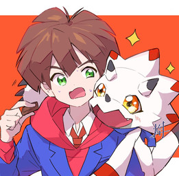 anthro blush brown_hair candy chibi chocolate clothing dessert duo facial_horn food green_eyes hair hoodie horn hug kerchief male necktie nose_horn simple_background topwear yellow_eyes sorashinakei bandai_namco digimon digimon_ghost_game hiro_amanokawa ceratopsian digimon_(species) dinosaur gammamon human mammal ornithischian prehistoric_species reptile scalie
