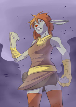 abstract_background amber_eyes anthro brown_hair clenched_teeth clothing dress hair kerchief legwear neckerchief neckwear raised_arm red_nose solo teeth thigh_highs wind ssuros lagomorph leporid mammal rabbit 2016 hi_res portrait three-quarter_portrait unavailable_at_source