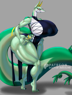 anthro anthrofied ara_ara barefoot big_breasts big_tail breasts clothing curvy_figure dress eyewear feet female female_anthro glasses huge_breasts huge_tail muscular muscular_female serpentine side_boob side_laced_dress tail thick_thighs tied_dress doctor_awesome nintendo pokemon generation_5_pokemon pokemon_(species) scalie serperior absurd_res hi_res