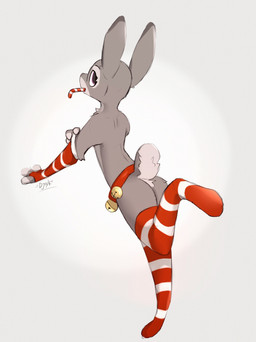 anthro armwear bell candy candy_cane clothing dessert female food footwear fur grey_body grey_fur holidays jingle_bell long_socks multicolored_body multicolored_fur purple_eyes socks solo two_tone_body two_tone_fur =djoyk= christmas disney zootopia judy_hopps lagomorph leporid mammal rabbit 2025 digital_media_(artwork) hi_res