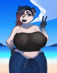 anthro areola balls_outline beach belly belly_overhang big_areola big_breasts big_bulge big_nipples blue_eyes bottomwear breasts bulge clothed clothing dark_hair detailed_bulge ear_piercing ear_ring eyeliner genital_outline gesture gloves_(marking) gradient_hair gynomorph hair hair_over_eye hand_gesture hand_on_hip intersex looking_away makeup markings navel navel_piercing nipple_outline nipples one_eye_obstructed outside pants piercing pink_nipples red_hair ring_piercing sea sheath_outline slightly_chubby solo topwear translucent translucent_clothing v_sign water white_body akefesauce puffy_the_panda_(jgpuffypanda) bear giant_panda mammal 2024 absurd_res digital_media_(artwork) hi_res