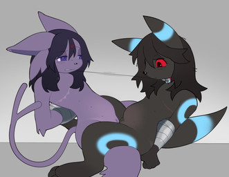 anthro bound bound_together collar duct_tape duo female female/female genitals hands_behind_back mastectomy_scar nipples scar sex simple_background tape tribadism vaginal vulva snowleopardgirl nintendo pokemon eeveelution espeon generation_2_pokemon pokemon_(species) shiny_pokemon umbreon absurd_res hi_res