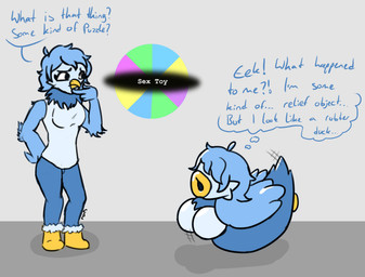 4_fingers anthro anthro_to_inanimate beak before_and_after biped black_eyes blue_body blue_feathers blue_hair blue_skin blue_text boots clothing expansion feathers female fingers footwear grey_background grey_floor hair inanimate_transformation lip_expansion lips sex_toy_transformation shadow shoes simple_background snow_boots solo text transformation yellow_beak yellow_boots yellow_clothing yellow_footwear cardboardcutoutcbc undertale_yellow martlet_(undertale_yellow) avian bird inanimate_object monster clip_studio_paint_(artwork) digital_media_(artwork) english_description signature