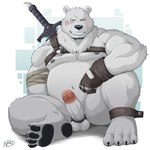 accessory anthro balls belly big_belly black_nose blush cock_ring erection feet fur genitals humanoid_genitalia humanoid_hands humanoid_penis jewelry kemono male moobs navel nipples overweight overweight_male penis penis_accessory penis_jewelry scar sitting solo weapon white_body white_fur naruever bear mammal polar_bear ursine 1:1 2022