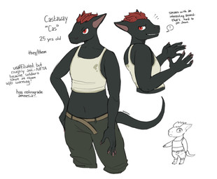 ambiguous_gender anthro belt black_body bottomwear clothing hair midriff navel pants red_eyes red_hair shirt simple_background solo standing tail tank_top tapering_tail text topwear white_background skalamari project_silverfish the_castaway_(project_silverfish) inheritor lizard reptile scalie 2025 english_text hi_res model_sheet signature