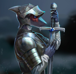 anthro armor blue_eyes burn_scar chainmail drops female gem headgear helmet knight looking_at_viewer medieval melee_weapon pauldron sapphire_(gem) scar sea serious solo sword warrior water weapon wet catpumpkin aquatic fish shark absurd_res hi_res