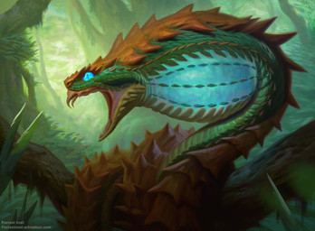 ambiguous_gender blue_eyes branch fangs feral forest green_body green_scales open_mouth outside plant scales solo teeth text tree forrest_imel hasbro magic:_the_gathering wizards_of_the_coast reptile scalie snake 2019 digital_media_(artwork) hi_res official_art url