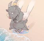 beach black_body black_fur chibi clothing fur horn male sea seaside suit water cddi_h lifewonders tokyo_afterschool_summoners salomonkun bovid caprine goat mammal