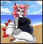 anthro beach belly big_belly big_breasts black_border blush border breasts clothed clothing eye_scar facial_scar female fur fur_markings hair hand_on_belly huge_belly inner_ear_fluff kneeling looking_at_viewer markings multi_tail multicolored_body multicolored_fur one-piece_swimsuit outside pawpads pink_hair pregnant pregnant_anthro pregnant_female red_body red_fur scar seaside smile solo swimwear tail tail_markings thick_thighs tuft two_tone_body two_tone_fur water white_body white_fur blazkenzxy epic_games fortnite kimiko_five-tails canid canine fox mammal 2024 digital_drawing_(artwork) digital_media_(artwork) hi_res signature