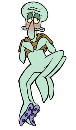 4_legs anthro apprehensive blush blush_lines clothed clothing clothing_lift lidded_eyes lying male null on_back raised_leg shirt shirt_lift simple_background solo suction_cup_(anatomy) suggestive_pose teal_body topwear white_background catponything nickelodeon spongebob_squarepants squidward_tentacles aquatic cephalopod coleoid decapodiform mollusk squid absurd_res hi_res