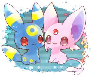 ambiguous_gender blue_body blue_fur chibi circle_(marking) duo ear_markings facial_tuft feral forehead_gem forked_tail fur gem grey_eyes head_markings markings monotone_body monotone_fur multicolored_body multicolored_fur open_mouth open_smile pattern_background pink_body pink_fur purple_inner_ear raised_hand red_eyes red_gem simple_background sitting smile sparkles star striped_background tail tail_markings tuft two_tone_body two_tone_fur unusual_anatomy unusual_tail yellow_body yellow_fur yellow_markings michi_runi nintendo pokemon eeveelution espeon felid generation_2_pokemon mammal pokemon_(species) umbreon unavailable_at_source