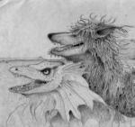 ambiguous/ambiguous ambiguous_gender bd dragon duo gills graphite_(artwork) monochrome mythological_creature mythological_scalie mythology open_mouth pencil_(artwork) reptile scales scalie sea_monster shaggy_hair smile teeth tongue traditional_media_(artwork) unknown_species