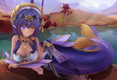 alternate_species big_breasts blue_tail breasts cleavage clothed clothing dark_body dark_skin detailed_background ear_fins female fin heterochromia lying membrane_(anatomy) mermaid_tail mermaidification on_ground outside sand sky solo split_form tail water webbed_hands zephylyne genshin_impact mihoyo candice_(genshin_impact) aquatic humanoid_merfolk merfolk absurd_res hi_res