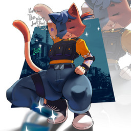 anthro belt blush bottomwear clothed clothing converse_shoes crouching denim denim_bottomwear denim_clothing dialogue eyes_closed female fully_clothed jeans pants smile solo text thick_thighs three-quarter_view daniart_xd epic_games fortnite cate_meowdy calico_cat domestic_cat felid feline felis mammal 1:1