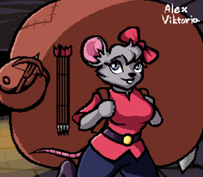 anthro arrow_(weapon) backpack big_breasts black_nose blue_bottomwear blue_clothing blue_eyes blue_pants bottomwear breasts buckteeth clothing crossbow female fur grey_body grey_fur grey_hair hair looking_up pants pink_inner_ear ranged_weapon red_clothing red_shirt red_topwear shirt smile solo teeth topwear weapon alex_viktoria backpack_hero purse_(backpack_hero) mammal mouse murid murine rodent absurd_res digital_media_(artwork) hi_res pixel_(artwork)