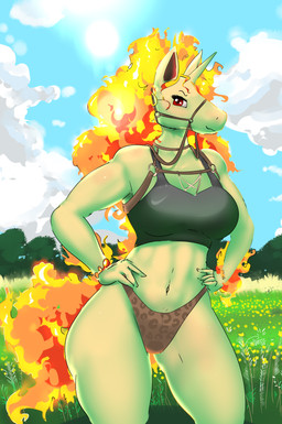 animal_print anthro bra breasts clothing day eyelashes female field fire flaming_hair fur grass hair hands_on_hips harness leopard_print leopard_print_panties outside panties plant print_clothing print_panties print_underwear pseudo_hair red_eyes smile solo sports_bra underwear white_body white_fur elpatrixf chinese_zodiac nintendo pokemon year_of_the_horse equid equine generation_1_pokemon mammal pokemon_(species) rapidash hi_res