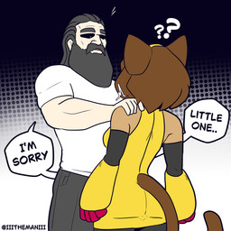 anthro beard brown_body brown_hair clothed clothing dialogue duo facial_hair female fur grey_hair hair male question_mark short_hair speech_bubble tail text the_man gameoverse glitch_productions kit_bodega the_man_(character) domestic_cat felid feline felis human mammal 1:1 2026 comic hi_res