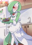 appliance apron apron_only blush breasts cleavage clothed clothing dagasi detailed_background female food fridge gardevoir generation_3_pokemon green_body hi_res holding_object inside japanese_text kitchen kitchen_appliance mostly_nude nintendo not_furry one_eye_obstructed photo pokemon pokemon_(species) pseudo_hair red_eyes smile solo text translated tray walking white_body