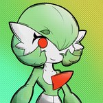 female gradient_background green_hair hair hair_over_eye looking_at_viewer not_furry one_eye_obstructed red_eyes simple_background smile smiling_at_viewer solo text malegardevoir nintendo pokemon gardevoir generation_3_pokemon humanoid pokemon_(species) 1:1 2023 english_text half-length_portrait portrait