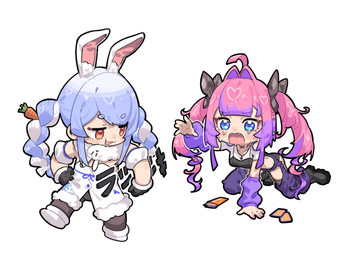 :3 accessory ahoge all_fours animal_ears anime_style armwear begging bent_ears black_bra black_clothing black_footwear black_gloves black_handwear black_legwear black_panties black_pantyhose black_shoes black_underwear blue_eyes blue_hair blush bodily_fluids boots bottomwear bow_ribbon bra bra_over_clothes braided_hair card chibi clothing clothing_cutout collared_shirt crop_top desperation detached_sleeves dress dress_shirt duo ear_tuft extending_hand eyebrows fangs female food-themed_hair_ornament footwear fur-trimmed_dress fur-trimmed_gloves fur_trim gloves hair hair_accessory hair_bow hair_intakes hair_ribbon hand_on_ground hand_on_hip hand_on_own_hip hands_on_hips handwear heart_symbol inner_ear_fluff legwear long_hair looking_at_another looking_back multicolored_hair neck_accessory neckwarmer open_mouth orange_eyes panties pants pantyhose pigtails pink_hair purple_bottomwear purple_clothing purple_hair purple_pants purple_sleeves rabbit_ears raised_leg reaching reaching_towards_another ribbons shirt shoes sidelocks simple_background strapon tears teeth thick_eyebrows thigh_cutout topwear tuft twin_braids two_tone_hair underwear walking_away white_background white_clothing white_footwear white_hair white_shirt white_shoes white_sleeves white_topwear fugota6509 hololive vtuber kikirara_vivi usada_pekora animal_humanoid human humanoid lagomorph lagomorph_humanoid leporid_humanoid mammal mammal_humanoid rabbit_humanoid 2025 hi_res
