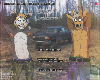 anthro armpit_hair body_hair bottomwear camo camo_bottomwear camo_clothing camo_pants camo_print chest_hair clothing dialogue duo facial_hair fur hair light_truck male nipple_hair nipples pants pattern_bottomwear pattern_clothing pattern_pants photo_background pickup_truck pubes redneck rough_trade sagging sagging_pants soliciting speech_bubble text truck vehicle droptineart real_world denver_(concupisco) trenton_(droptineart) american_opossum deer mammal marsupial new_world_deer virginia_opossum white-tailed_deer 5:4 english_text hi_res mixed_media photography_(artwork)