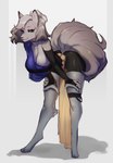 anthro barefoot big_breasts black_clothing blue_eyes bottomwear breasts cleavage clothed clothing digitigrade feet female fur grey_body grey_fur grey_hair hair leaning leaning_forward shorts simple_background smile solo standing white_background indigo_cho canid mammal 2018 digital_media_(artwork) hi_res