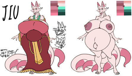 belly big_belly big_breasts big_butt breasts butt clothing female green_eyes huge_breasts huge_butt hyper hyper_breasts hyper_pregnancy pink_body pregnant pregnant_female mrblack_eye2 asian_mythology chinese_mythology east_asian_mythology mythology jiu canid canine fox fox_spirit mammal absurd_res hi_res