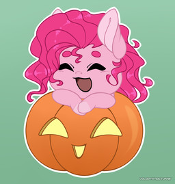 big_ears chibi embarrassed eyes_closed female feral food fruit hair jack-o'-lantern long_hair magic plant pumpkin smile solo wavy_hair volodyanocturne friendship_is_magic hasbro my_little_pony pinkie_pie_(mlp) equid equine horse mammal pony hi_res