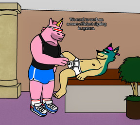 anthro barefoot beard black_clothing black_nose black_shirt black_tank_top black_text black_topwear blue_bottomwear blue_clothing blue_seanekrs blue_shorts bottomwear briefs briefs_only clothed clothing column dialogue duo eyebrows facial_hair feet footwear fully_clothed fur grey_clothing grey_footwear grey_shoes grey_sneakers grey_text hair holding_object holding_pen horn inside lying male monotone_briefs monotone_clothing monotone_underwear pen pink_body pink_fur pink_hair plant plant_pot potted_plant shirt shoelaces shoes shorts sneakers socks stubble tank_top text thick_eyebrows tighty_whities topless topless_male topwear underwear underwear_only white_briefs white_clothing white_footwear white_socks white_underwear writing_on_underwear eddicus mythology eduardo_(eddicus) canid canine equid equine mammal mythological_creature mythological_equine unicorn english_text hi_res