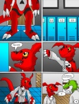 absurd_res anthro bandai_namco claws comic dialogue digimon digimon_(species) digital_hazard digital_media_(artwork) dressing duo guilmon hector21314 hi_res inside inverted_zero_unit locker locker_room male markings open_mouth open_smile scalie smile spanish_text speech_bubble standing symbol teeth text toe_claws translated yellow_eyes zero_unit