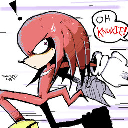 anthro bodily_fluids conjoined_speech_bubble dialogue exclamation_point highlighted_text male name_drop name_in_dialogue offscreen_character purple_eyes red_body red_skin running solo speech_bubble sweat sweatdrop talking_to_another text text_emphasis gunner_double_one sega sonic_the_hedgehog_(series) knuckles_the_echidna echidna mammal monotreme 1:1 digital_media_(artwork) english_text low_res oekaki signature source_request