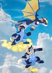 anthro chibi cloud flying male race skateboard sky skyscape sun vehicle wings saladergfelix mythology teryx solaris storm_(character) teryx_commodore dragon mythological_creature mythological_scalie rain_dragon scalie solaris_dragon storm_dragon hi_res