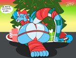 anthro big_butt blue_body blush bound butt christmas_clothing christmas_headwear christmas_tree clothing gift_wrapped hat headgear headwear holidays male plant presenting santa_hat solo tail tree prate-dragon christmas mythology huff_(prate) dragon mythological_creature mythological_scalie scalie hi_res