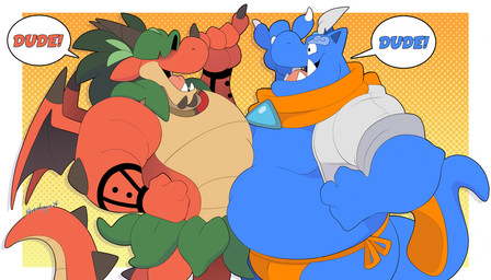 anthro belly belly_to_belly blue_body clothing covered_eyes duo horn leaf leaf_hair leaf_skirt male muscular muscular_anthro muscular_male open_mouth open_smile orange_body overweight overweight_anthro overweight_male plant plant_hair pseudo_hair side_view smile speech_bubble tattoo wings hikazedragon mythology cain_(hikazedragon) dragon mythological_creature mythological_scalie scalie 2024 hi_res