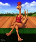 anthro bottomless clothed clothing crossed_legs long_neck male outside solo uniform trias dinosaur_train pbs mr._conductor dinosaur prehistoric_species reptile scalie theropod troodon troodontid 2016 full-length_portrait hi_res portrait