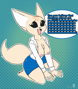 anthro areola black_nose bottomwear breasts clothed clothing collared_shirt dialogue female fur genitals green_background humanoid_genitalia humanoid_penis kneeling laugh looking_at_viewer nipples open_clothing open_mouth open_shirt open_topwear pawpads penis pink_areola pink_nipples pink_pawpads pink_tongue shirt simple_background skirt solo speech_bubble tan_body tan_fur text tongue topwear white_inner_ear ikaribunbun aggretsuko sanrio fenneko canid canine fennec_fox fox mammal true_fox 2025 english_description english_text hi_res