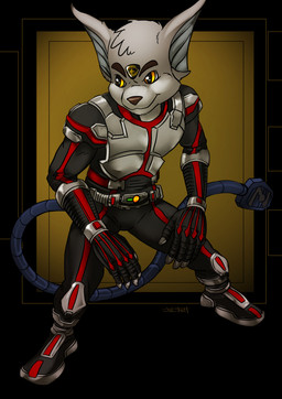 3_eyes anthro black_clothing black_suit clothing crouching cybernetic_eye cybernetic_limb cybernetic_tail cybernetics fur grey_body grey_fur machine male multi_eye solo suit john_fell kamen_rider kamen_rider_555 zalno hi_res