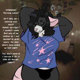 anthro big_breasts black_body black_fur black_hair breasts bulge clothed clothing dialogue eyes_closed eyeshadow fur gynomorph hair intersex makeup medium_hair oversized_clothing panties panty_bulge print_clothing print_shirt print_t-shirt print_topwear shirt solo t-shirt tail text thick_thighs topwear underwear white_body white_fur wide_hips puppyknight jewels_(julie_jewels) mammal murid murine rat rodent 1:1 absurd_res english_text hi_res