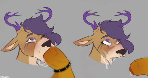 accessory anthro antlers big_penis blush bodily_fluids brown_body bubble cock_ring crying cum cum_bubble cum_drip cum_in_mouth cum_in_nose cum_inside cum_on_face disembodied_penis dripping duo erection fellatio flaccid fur genital_fluids genitals hair heart_eyes heart_symbol horn humanoid_genitalia jewelry looking_up makeup male male/male nude open_mouth oral oral_penetration penetration penile penis penis_accessory penis_jewelry purple_eyes purple_hair rough_oral rough_sex running_makeup saliva sex simple_background sloppy_blowjob solo_focus tears tongue inkslushee toastii_(character) deer mammal digital_media_(artwork) hi_res