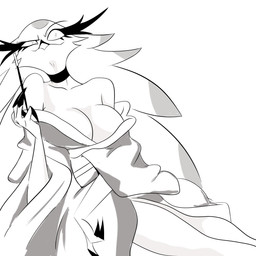 anthro beak big_breasts breasts choker cigarette cigarette_holder claws clothed clothing eyelashes feather_hair feathers female jewelry necklace off_shoulder pseudo_hair robe simple_background solo standing talon_hands white_background aptom7747 hellaverse helluva_boss stella_(helluva_boss) avian bird demon 1:1 absurd_res hi_res monochrome shaded