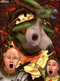 anthro areola big_breasts biped black_areola black_nipples breasts erect_nipples female female_anthro gesture green_body group hand_gesture light-skinned_male male nipples open_mouth orange_sclera pointing portal trio white_body yellow_eyes magnetus bethesda_game_studios microsoft oblivion the_elder_scrolls two_soyjaks_pointing clannfear daedra human mammal scalie 2025 digital_media_(artwork) hi_res