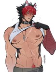 abs blush body_hair choker clothed clothing clothing_lift facial_scar hair happy_trail jewelry male muscular muscular_male navel necklace nipple_piercing nipples pecs piercing red_hair scar shirt shirt_lift solo tank_top topwear xmrtrx mihoyo zenless_zone_zero komano_manato animal_humanoid canid canid_humanoid canine canine_humanoid dog_humanoid humanoid mammal mammal_humanoid hi_res