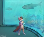 anthro aquarium brown_body brown_fur collar fur green_collar holding_pamphlet looking_up male seaweed solo vivarium whales young young_anthro tris_drawsf cain_the_dingo anthozoan canid canine canis cnidarian coral dingo fish mammal marine absurd_res hi_res shaded soft_shading