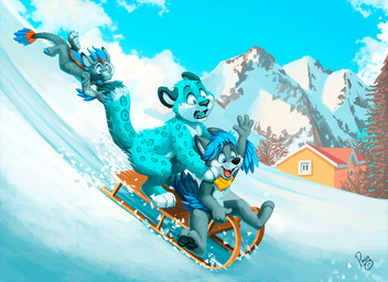 anthro blue_body blue_eyes blue_fur blue_hair blue_sky cloud fur grey_body grey_fur group hair happy head_tuft logo male male_anthro messy_hair mountain nude open_mouth open_smile plant short_hair sitting sky sled smile snow tree trio tuft white_body white_fur winged_arms wings winter young young_anthro young_male pandapaco mythology avian canid canine dragon felid hybrid mammal mythological_creature mythological_scalie scalie artist_logo hi_res signature